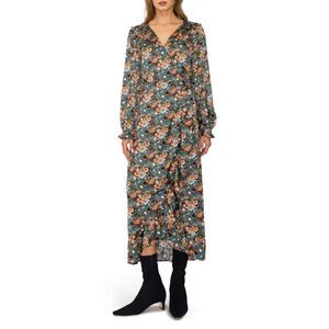 Melloday Women's Hunter Green Floral Faux Wrap Midi Dress, Size Large